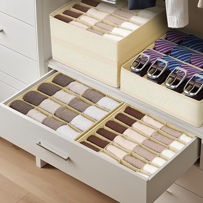 Joyoldelf Sock Drawer Organizer Divider 4 Packs Underwear Organizer, 2 x 24 Cell + 2 x 16 Cell Closet Organizers and Storage Sock Holders for Storing Socks, Handkerchiefs, Ties, Belts (Beige) - Image 4