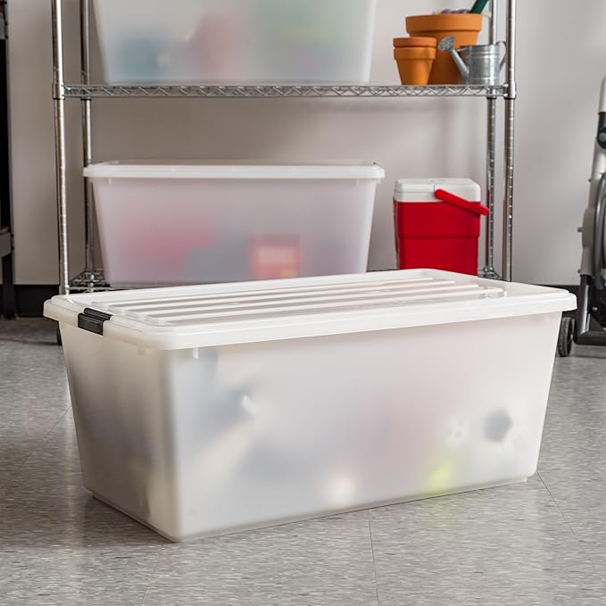IRIS USA 91 Qt Stackable Plastic Storage Bins with Lids, 4 Pack - BPA-Free, Discreet Organizing Solution, Latches, Durable Nestable Containers, Secure Pull Handle, Made in USA - Pearl - Image 4
