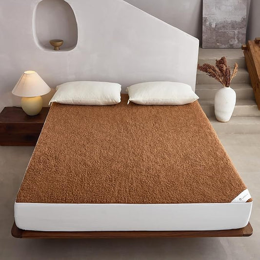 YOUR MOON Wool Fleece Mattress Pad Queen – Organic Australian Wool Plush Mattress Topper, 370GSM Velvet Breathable Bed Mattress Cover with 16" Deep Pocket, 60"x80", Brown