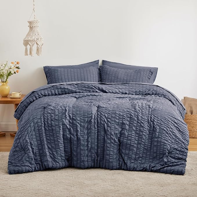 Love's cabin Seersucker Navy Blue Twin Comforter Set, 5-Piece All Season Lightweight Bed in a Bag Bedding Set with Comforter, Flat Sheet, Fitted Sheet, Pillowcase and Sham | Soft, Breathable, Lightweight