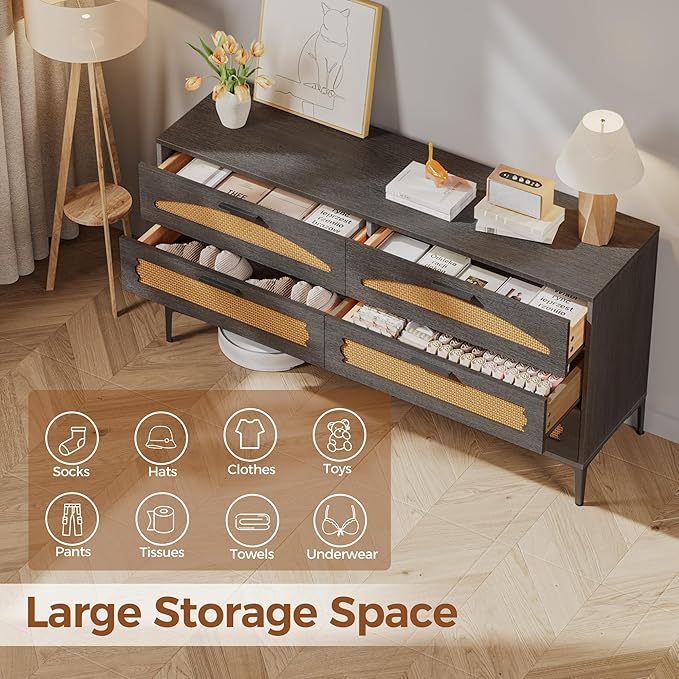 Mericonia 6 Drawer Double Dresser for Bedroom, Wood Rattan Dresser for Closet with Metal Legs, Boho TV Stand with Drawers, Dressers & Chests of Drawers for Bedroom, Hallway and Entryway, Black