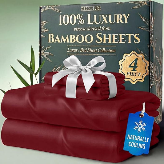 DECOLURE 100% Viscose Derived from Bamboo Sheets Twin Size - Luxury 4 Pc Naturally Cooling Sheets, Ultra Soft Bed Set - Deep 17" Pockets, Durable Double Stitching, Oeko Tex Standard (Burgundy)