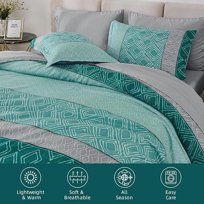 Dinjoy Queen Comforter Set Boho, Soft Teal Striped 7 Piece Bed in a Bag Queen Size Warm Blue Green Bedding Sets Plaid Comforters Bed Set with Sheets for Family Fall Winter