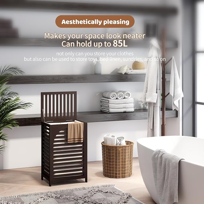 FILWH Laundry Hamper with Lid (16.9 * 13 * 26.5inches) Large Bamboo Laundry Bin Basket 85L Clothes Hamper with 1 Removable Bag Storage baskets for Bathroom(Brown) - Image 3