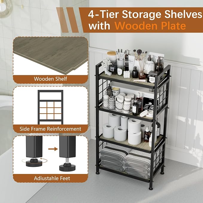 GIOTORENT 4-Tier Pantry Shelves with Wooden Boards, Heavy Duty Storage Shelves & Book Shelf, Adjustable Metal Shelving Unit for Kitchen Bathroom Laundry Organizer, Sturdy Rust-Resistant, Black - Image 4