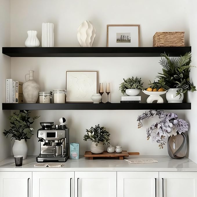 ROGMARS 36 Inches Long Black Floating Shelves,Rustic Solid Wood Farmhouse Wall Shelves with Invisible Brackets for Bathroom, Living Room, Bedroom, Kitchen Set of 2 by 100RealSolidWood