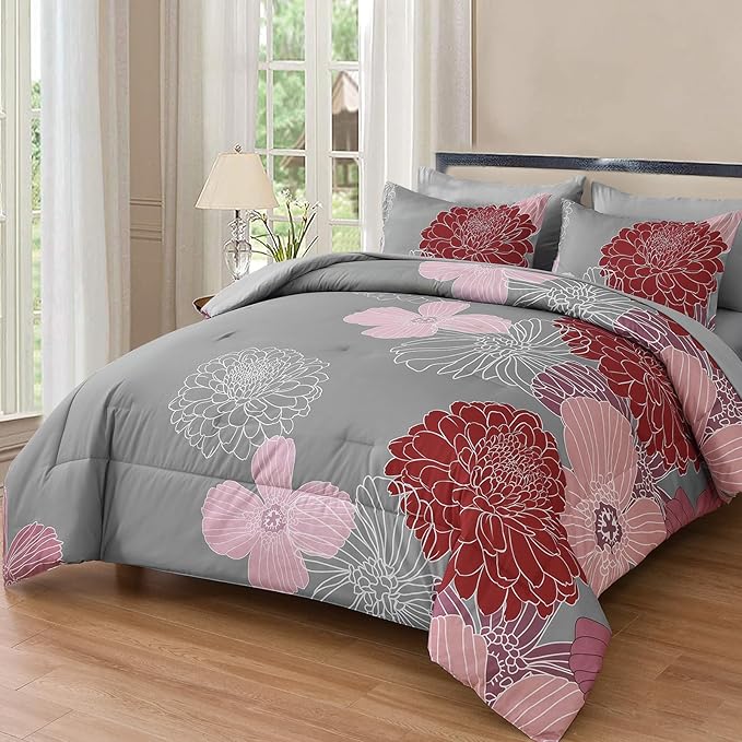 Yiran Burgundy Pink Red Floral Comforter Set Bed in a Bag Flower Comforter Set Soft Microfiber Bedding Set King 104''x90''