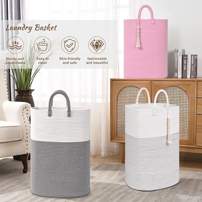 Woven Laundry Basket for Clothes, 65L Large Rectangle Laundry Hampers with Beads Tassel, Nursery Storage Basket for Toys, Tall Dirty Clothes Hamper for Bedroom Aesthetic, Laundry Room Organization - Image 8