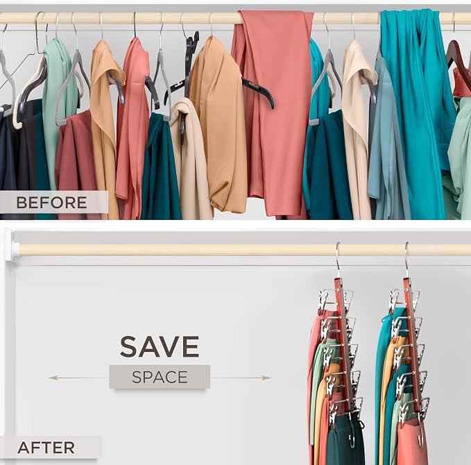 MORALVE Skirt Hangers Space Saving with Clips - 2 Pack - European Beechwood 5-Tier Hanger for Shorts, Skirts, and Pants - Closet Organizer and Storage Solution for Women with 360° Swivel Hook - Image 3