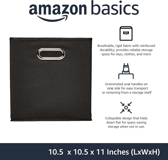 Amazon Basics Collapsible Cube Storage Bins, Space-Saving, Organizing Fabric Bins with Handles, 10.5" x 10.5" x 11", Black, 6-Pack - Image 2