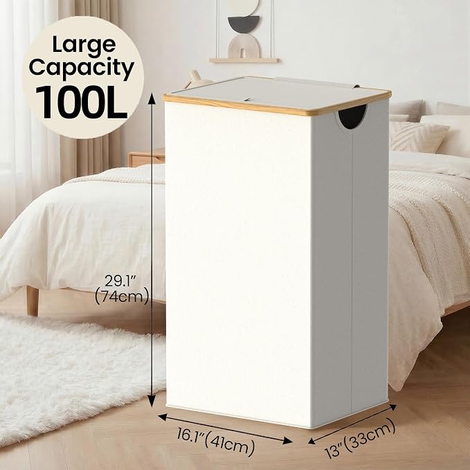 efluky Laundry Basket with Lid and Removable Bag, 100L Tall Laundry Hamper with Bamboo Handles, Aesthetic Dirty Clothes Bin for Laundry Room, Bathroom, Bedroom and Dorm, Beige - Image 3