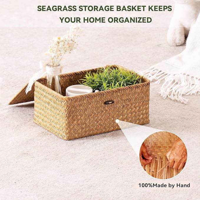 Nonam Small Basket with Lid, Natural Seagrass Bin with Lid, Shelf Baskets Multipurpose Container for Boho Decoration, Rectangular Household Storage Boxes for Home Organization-Natural - Image 6