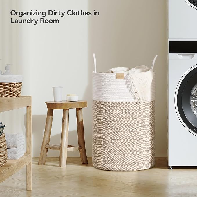 Nunsino Laundry Hamper 75L,Large Laundry Basket for Clothes,Decorative Storage Basket for Blankets,Cotton Rope Woven basket for bedroom,Brown White - Image 3