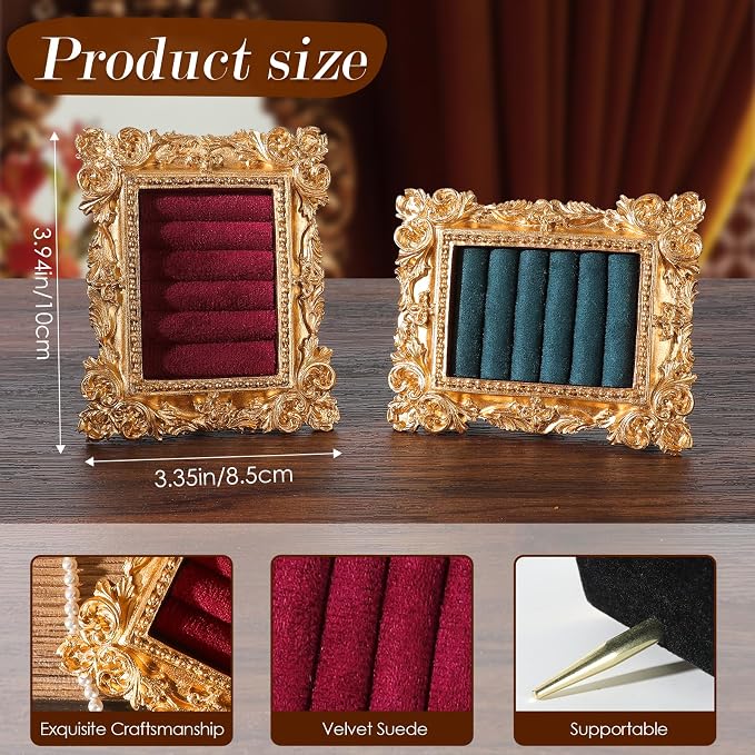 Vintage Ring Holder Rectangle Gold Velvet Display Stand - Baroque Jewelry Organizer Box Tray for Wedding Engagement Anniversary Women Birthday Christmas Gift Photograph Prop (MPF05-Gold Red) - Image 5