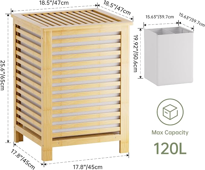 SMIBUY Double Laundry Hamper with Lid, 120L Bamboo Laundry Basket with Removable Liner Bag, 2-Section Clothes Divider Laundry Sorter for Laundry Room, Bathroom, Bedroom (Natural) - Image 5