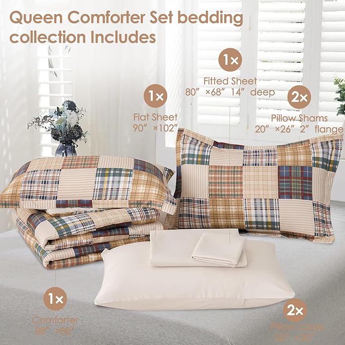 Comforter Set Queen Size Plaid Patchwork Comforter Bedding-7 Piece Bed in a Bag,Soft Fluffy Reversible Microfiber Bedding Set(1 Comforter,1 Flat Sheet,1 Fitted Sheet,2 Pillowcases,2 Pillow Shams)Beige