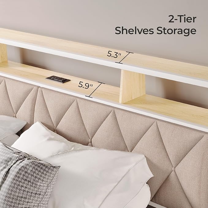 Full Headboard Only, Headboard for Full Size Bed with Storage, Upholstered Headboards with LED Lights & Charging Station, Attach Frame, Ideal for Bedroom/Dorm/Guest Room, White & Beige