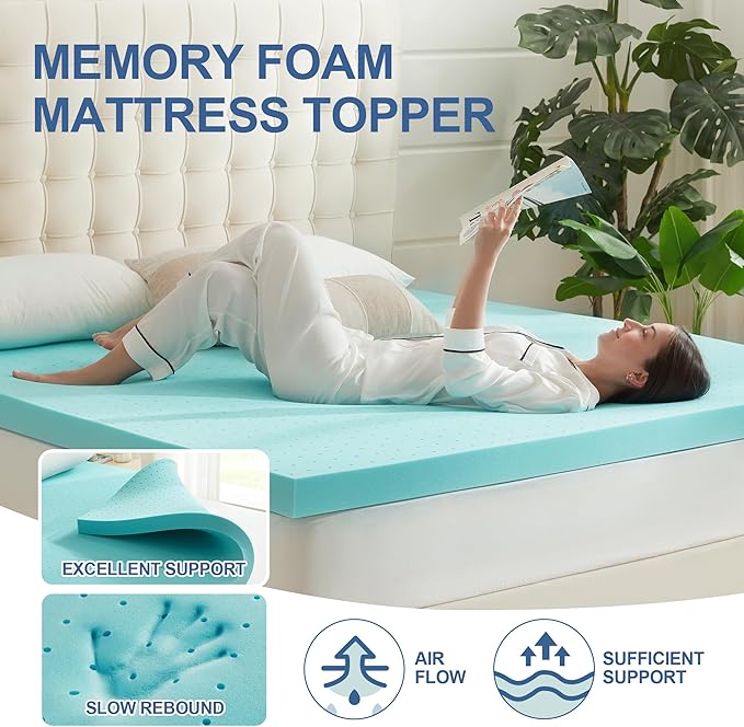 3 Inch Memory Foam Mattress Topper King, Mattress Pad Gel Infused Foam Bed Topper, Ventilated Soft Blue,King Size