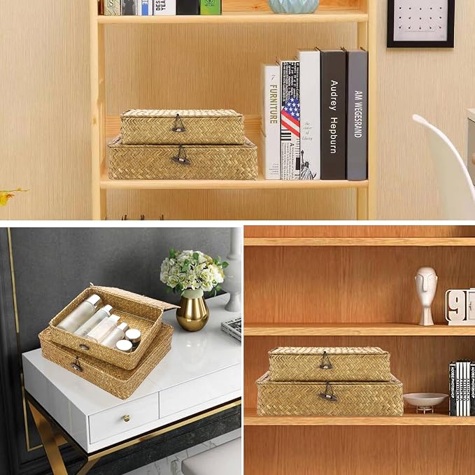 Hipiwe Set of 2 Flat Woven Wicker Storage Bins with Lid Natural Seagrass Basket Boxes Multipurpose Home Organizer Bins Boxes for Shelf Organizer, Caramel - Image 5