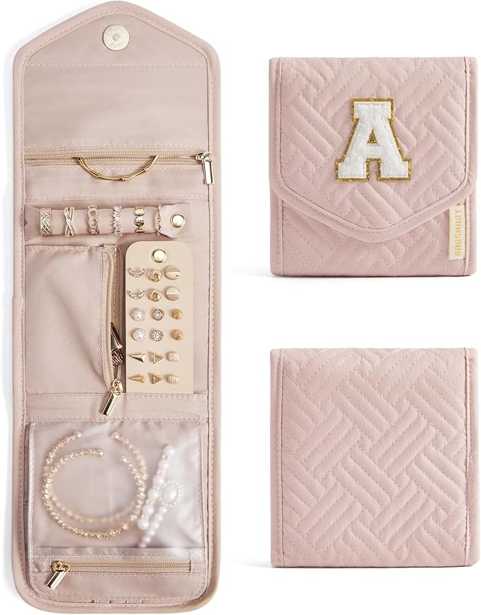 BAGSMART Travel Jewelry Organizer Case A Initial Foldable Jewelry Roll for Journey Rings, Necklaces, Earrings, Bracelets,Mini,Letter A,Soft Pink by BAGSMART