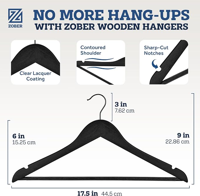 ZOBER Black Wooden Hangers - Heavy Duty, Non Slip Wood Hangers for Coats, Jackets, Suits, & Pants - Coat Hangers for Closet W/Bar and Notches 20 Pack - Image 3