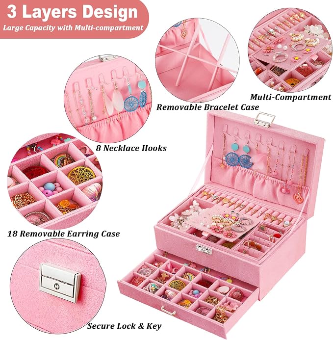 QBestry 3-Layer Jewelry Box for Girls & Teens with Lock and Key, Large Jewelry Organizer with 8 Necklace Hooks & 56 Earring Holes, Pink Velvet Jewelry Storage Box for Necklaces Earrings Rings Bracelet - Image 2