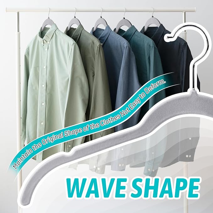 Sishynio Premium Velvet Shirt Hangers 30 Pack, Space-Saving Non-Slip Felt Hanger with 360° Swivel Hook, Slim Flocked Hangers for Strappy Dresses, Blouses, Tank Tops(Grey) - Image 4