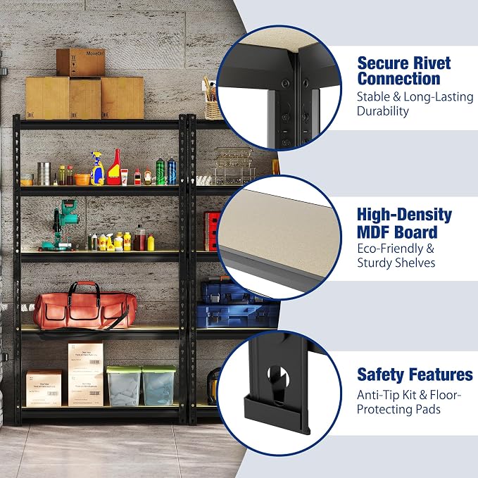WORKPRO 5-Tier Storage Shelf, 72" H Heavy Duty Adjustable Garage Shelving Unit 2180LBS Capacity, for Basement, Kitchen, Pantry, 35.4”Wx15.7”Dx72”H, Black - Image 4