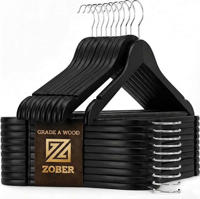 ZOBER Black Wooden Hangers - Heavy Duty, Non Slip Wood Hangers for Coats, Jackets, Suits, & Pants - Coat Hangers for Closet W/Bar and Notches 20 Pack by ZOBER