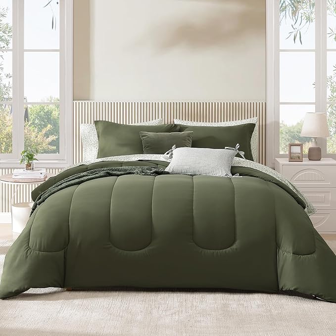 Monbix Queen Comforter Set - 7 Pieces Olive Green Bed in a Bag Queen Track Stitching Bedding Sets, All Seasons Comforter Bed Set with Sheets,Pillowcases & Shams