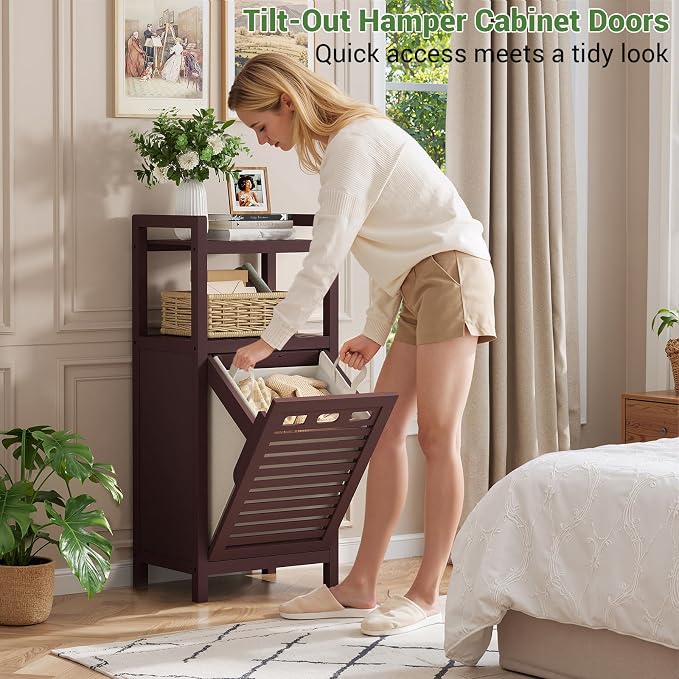 Homykic Tilt Out Laundry Hamper Cabinet, 10 Gal Bamboo Laundry Cabinet with Removable Basket, Hidden Hamper Organizer with Shelf for Dirty Clothes, Bathroom, Laundry Room, Space Saving, Espresso - Image 3