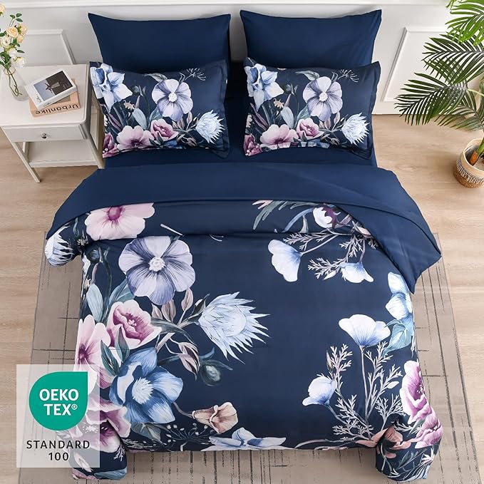 Luxudecor Floral Comforter Set King Size 7 Piece, Navy Flower Bed in a Bag, Elegant Comforter Bedding Set for All Season (Navy, 104"x90")