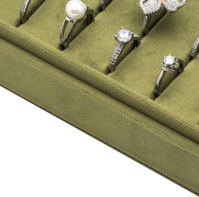 Velvet Ring Organizer Display Tray Jewelry Box Earring Holder Case for Wedding Birthday Christmas Day (Olive Green) - Image 3