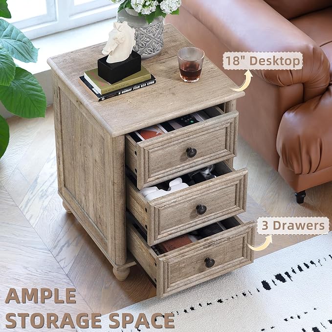 RWYHG 18" Farmhouse Night Stand, Wood Nightstand with 3 Drawers, Grey Bedside End Table with Storage and Roman Column, Bed Side Tables Cabinet for Bedroom, Living Room, and Closet