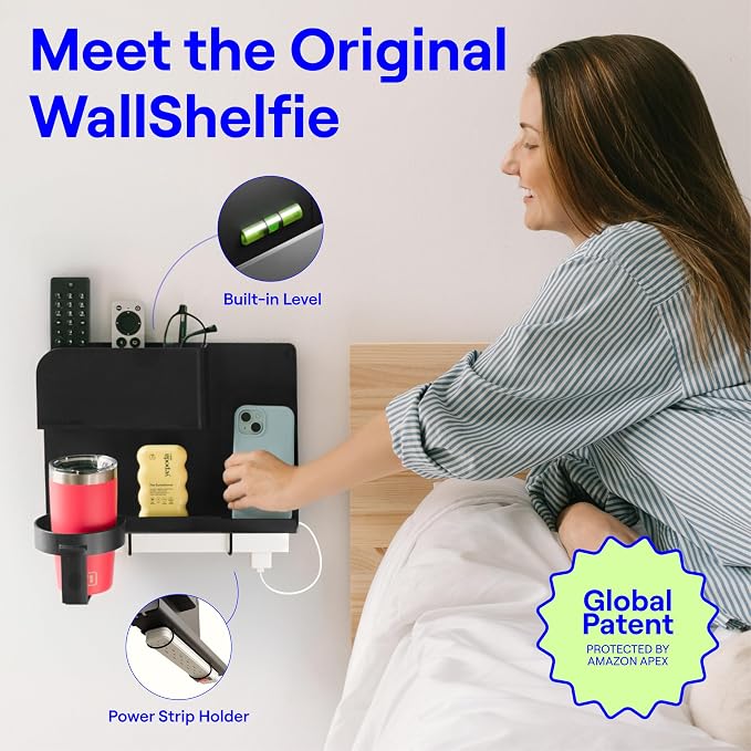 WallShelfie Bedside Wall Organizer & Dorm Decor - Dorm Room Essential, Floating Bedside Shelf Wall Mount Organizer, Remote Control Holder, Cool Teen Girls Trendy Stuff, Room Organization (Black) - Image 2