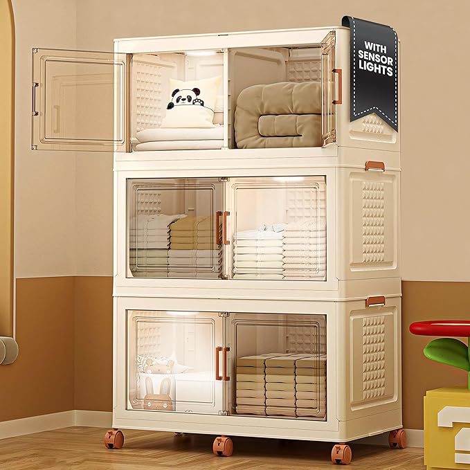 FINCHESCLUB 568QT XL Stackable Storage Bins with Lids, 141Gal Foldable Storage Bins with Doors, Wheels and Lights - Collapsible Closet Cabinets for Home Office - 3 Pack - Off White