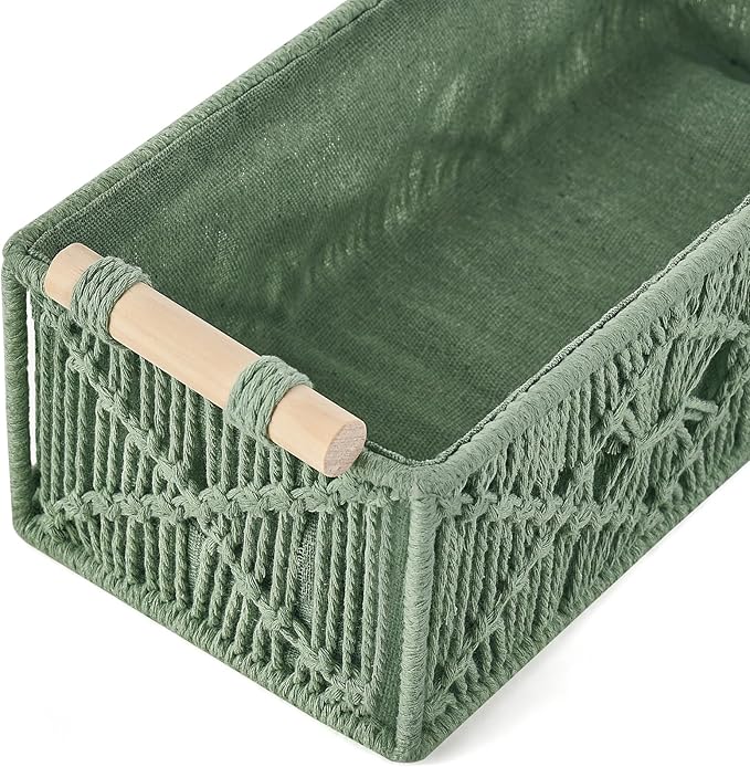 Mkono Macrame Storage Baskets Boho Decor Box Handmade Woven Decorative Countertop Toilet Tank Shelf Cabinet Organizer for Bedroom Livingroom Home, Set of 2, Green - Image 5