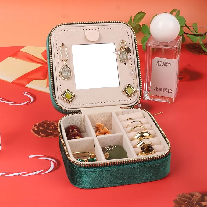 OceeK Travel Jewelry Case Box Organizer with Mirror,Travel Jewelry Box Holder Stocking Stuffers,Green,1 Pack - Image 6