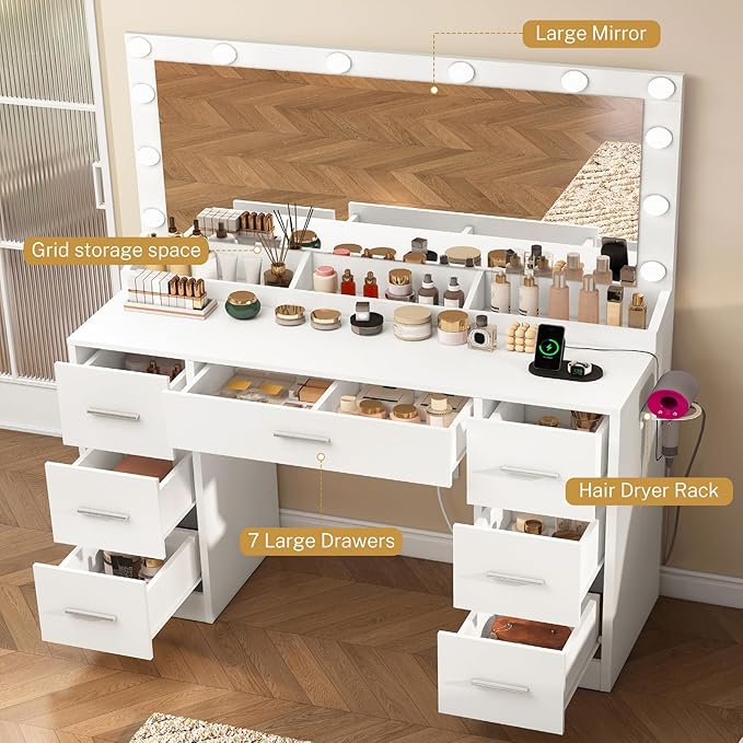 FIONESO Vanity with Large Mirror and 12 LED Lights, Vanity Desk with 7 Drawers & Hairdryer Holder, Makeup Vanity Desk with Charging Station for Women, Girls, 3 Lighting Color Adjustable, White