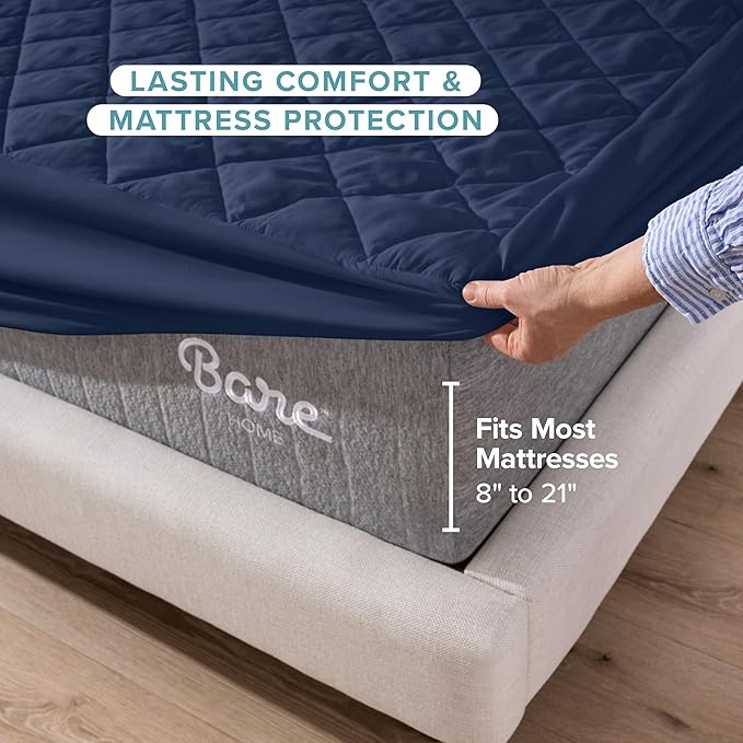 Bare Home Split Head Flex King Quilted Fitted Mattress Pad - Cooling Mattress Cover - Easily Washable - Elastic Fitted Cover for Mattress - Stretch-to-Fit to 15" Deep (Split Head Flex King, Dark Blue)