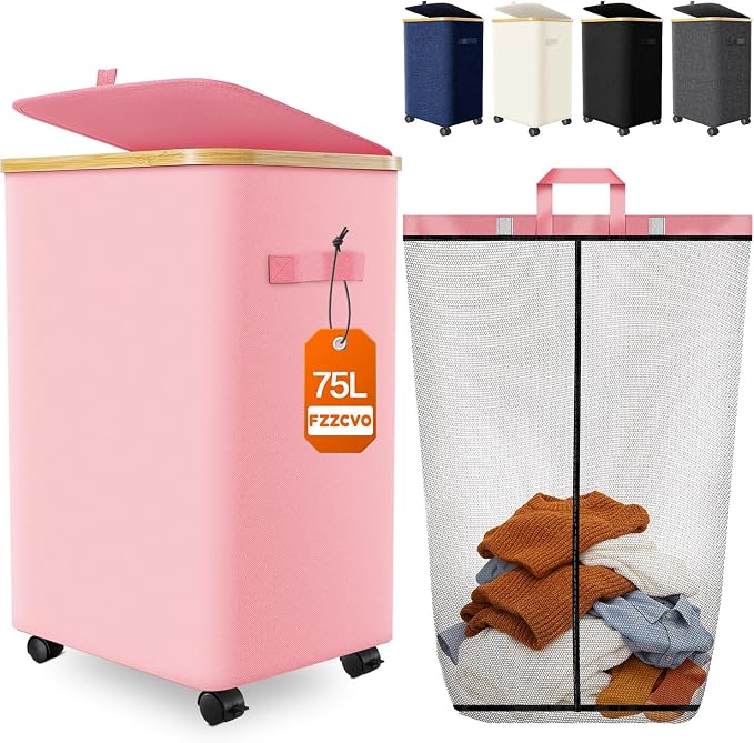 Laundry Hamper with Wheels, 75L Large Clothes Hamper with Removable Inner Bag, Collapsible Dirty Clothes Basket for Dorm, Rolling Dirty Clothes Basket for, Bedroom, Bathroom, Laundry Room by Fzzcvo
