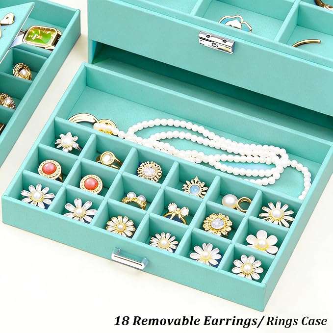 QBestry 3-Layer Jewelry Box for Girls & Teens with Lock and Key, Large Jewelry Organizer with 8 Necklace Hooks & 56 Earring Holes, Teal Velvet Jewelry Storage Box for Necklaces Earrings Rings Bracelet - Image 7
