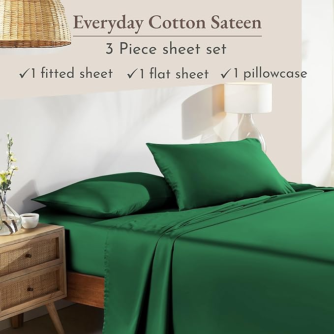 California Design Den Twin XL Bed Sheets Set - Natural 100% Cotton Sheets with 12" Pockets, Soft Sateen Weave, Breathable and Durable Bedding Set for Dorm Rooms, College (Emerald Green)