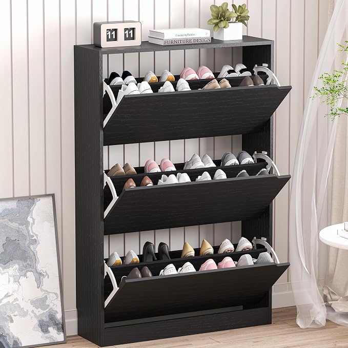 BORNOON Shoe Storage Cabinet with 3 Flip Drawers,Narrow Shoe Rack Cabinet,Freestanding Organizer Storage for Entryway, Hallway, Black by BORNOON
