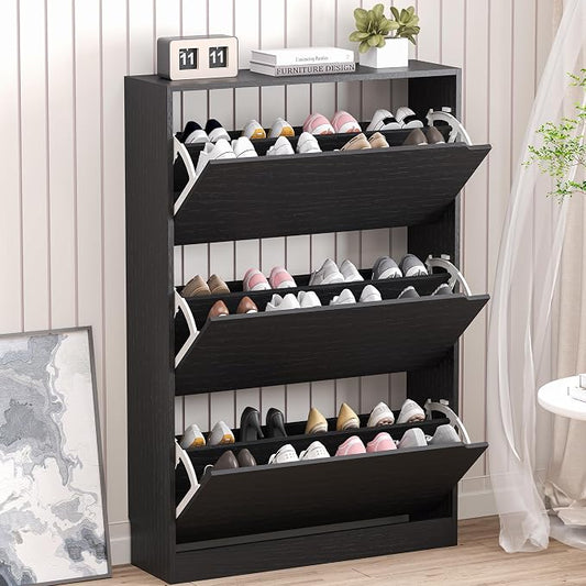 BORNOON Shoe Storage Cabinet with 3 Flip Drawers,Narrow Shoe Rack Cabinet,Freestanding Organizer Storage for Entryway, Hallway, Black by BORNOON