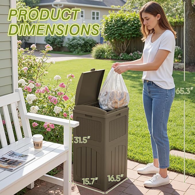 Greesum 33 Gallon Resin Outdoor Trash Can with Lid, Waterproof Resin Garbage Bin for Hideaway, Patio, Deck, Light Brown - Image 5