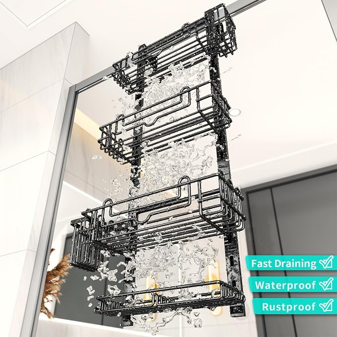 HapiRm 4 Tier Over the Door Shower Caddy, Hanging Shower Organizer with 22 Hooks and 2 Toothbrush Holders, No Drilling Adjustable Hanging Shelves for Bathroom Storage - Black - Image 6
