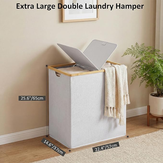 efluky Laundry Hamper with Lid, Double Laundry Hamper with 2 Removable Bags, 2 Section Laundry Basket with Bamboo Handles for Bathroom, Bedroom & Laundry Room, 140L (36.9 Gallon) Light Grey - Image 5