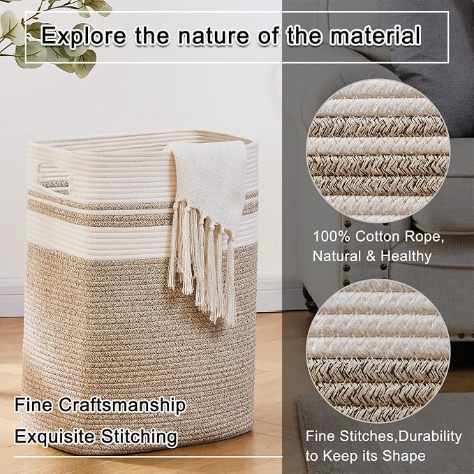 OIAHOMY Laundry Hamper-Laundry Basket,Tall Cotton Storage Basket with Handles,Decorative Blanket Basket for Living room,Collapsible Large Basket for Toys,Pillows,Clothes-16x13x22in-Yellow variegated - Image 3