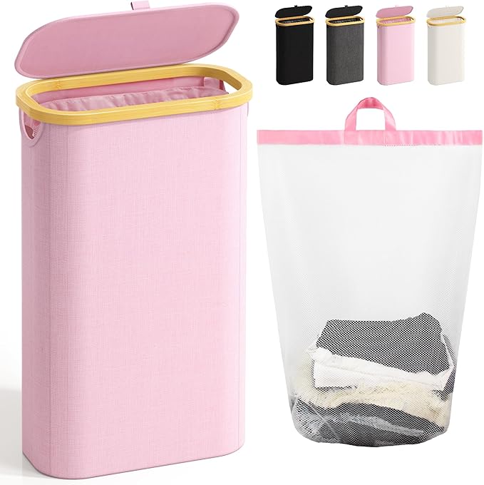 Bathola 75L Slim Laundry Hamper with Lid, Dirty Clothes Hampers for Laundry, Collapsible Laundry Baskets for Small Spaces, Bedroom, Bathroom, Laundry Room, Pink by Bathola